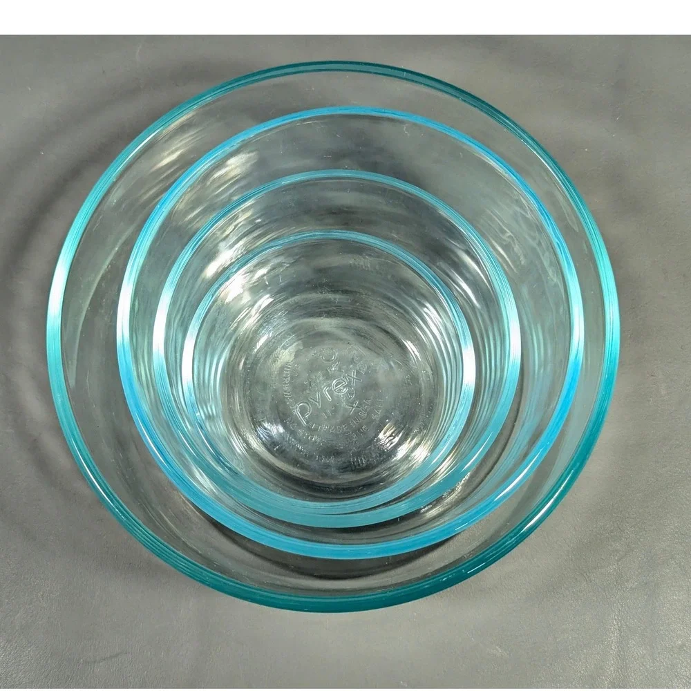 Pyrex Clear Blue Tinted Glass Nesting Mixing Bowls Set of 4 Round 7202 7201
